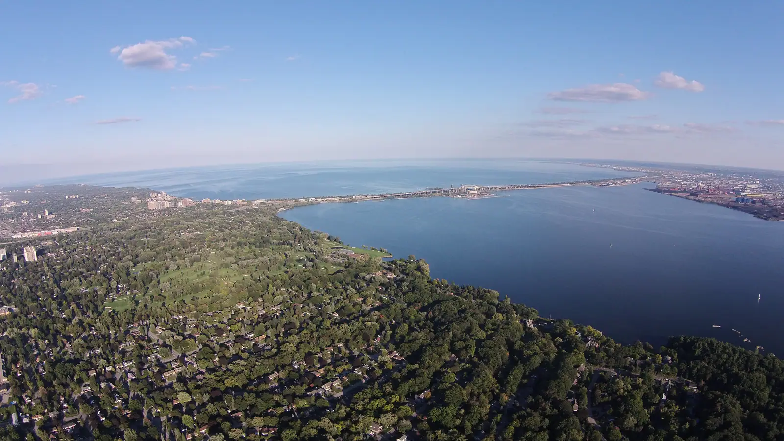 Aerial view of the Aldershot shoreline and the Burlington Skyway