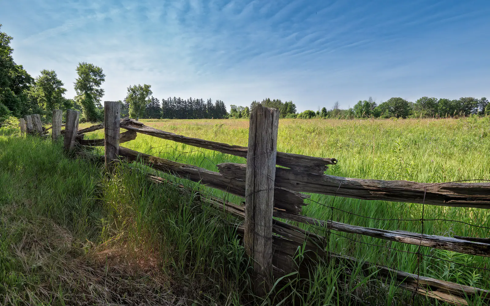 Meadow and split-rail fence at Bronte Creek Provincial Park beside The Orchard, Burlington