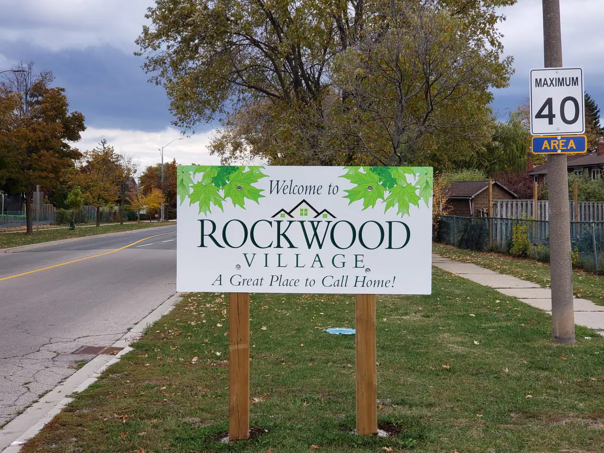 Rockwood Village welcome sign on Fieldgate Drive in Rathwood, Mississauga