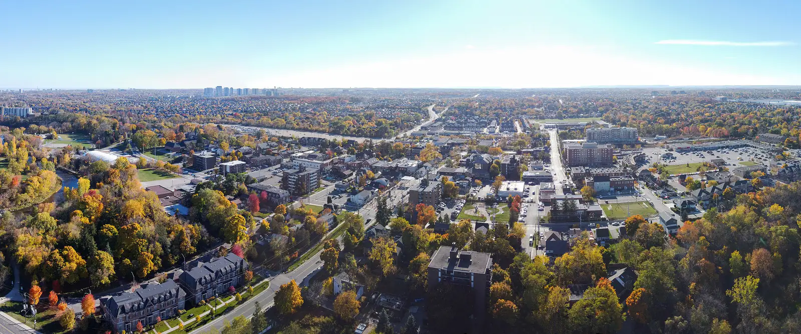 Aerial view of Streetsville village and the Credit River in Mississauga